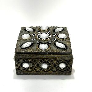 4.5" Jeweled Metal Trinket Box – Lid & Distressed Paint,‎ Boho Decor